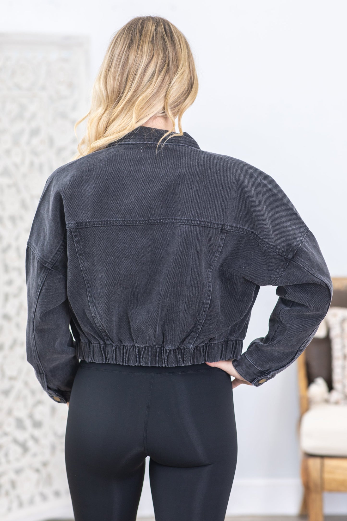 Black Washed Raw and Ribbed Crop Denim Jacket