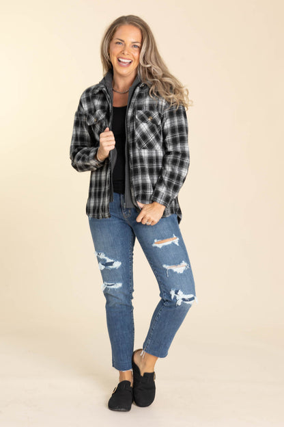 Black Twofer French Terry Plaid Jacket