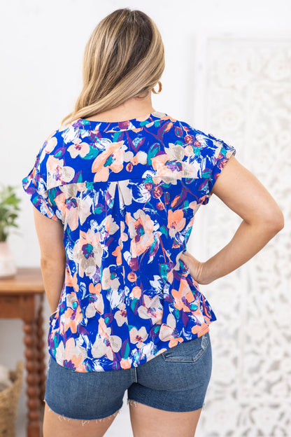 Blue and Coral Floral Wrinkle Free Lizzy Top