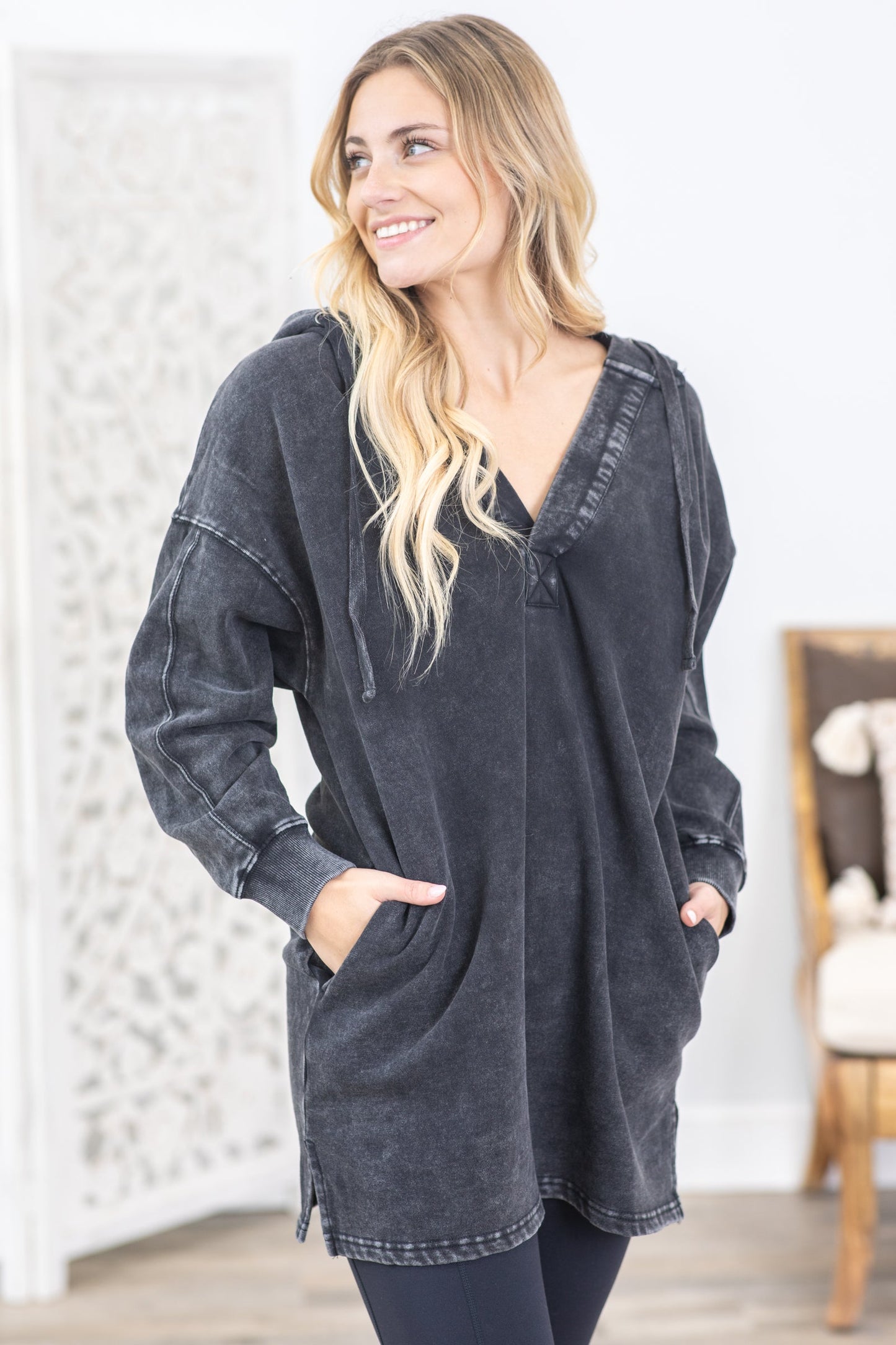 Black Longline Mineral-Washed V-Neck Pullover