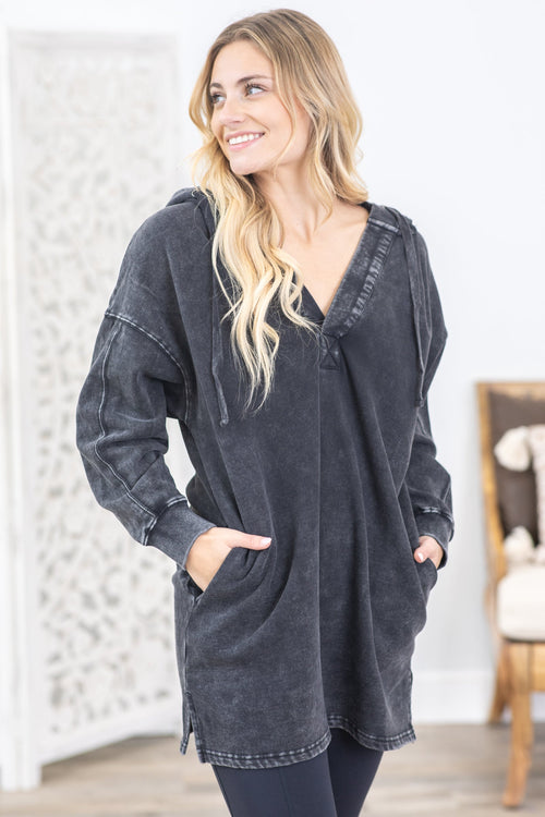 Black Longline Mineral-Washed V-Neck Pullover