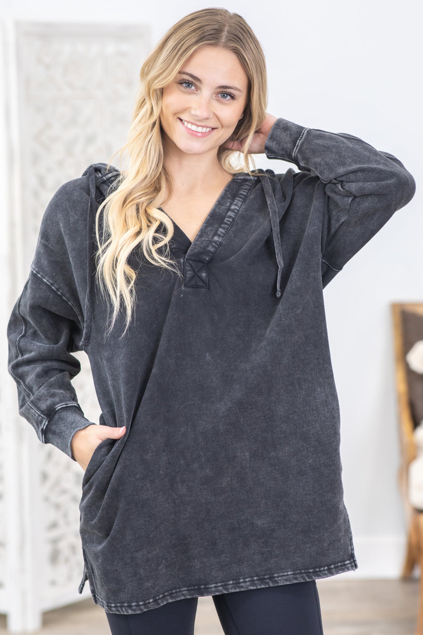Black Longline Mineral-Washed V-Neck Pullover