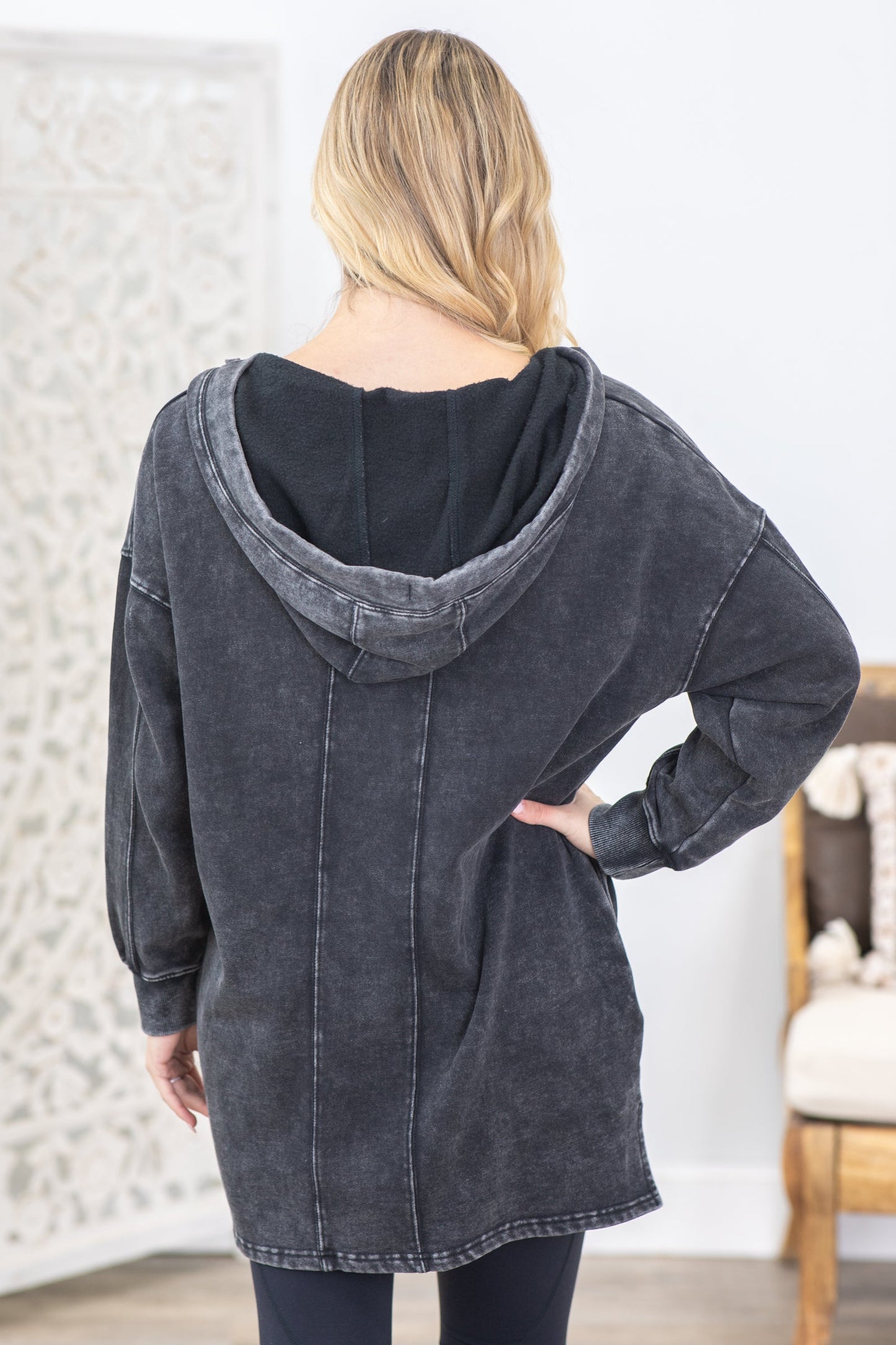 Black Longline Mineral-Washed V-Neck Pullover