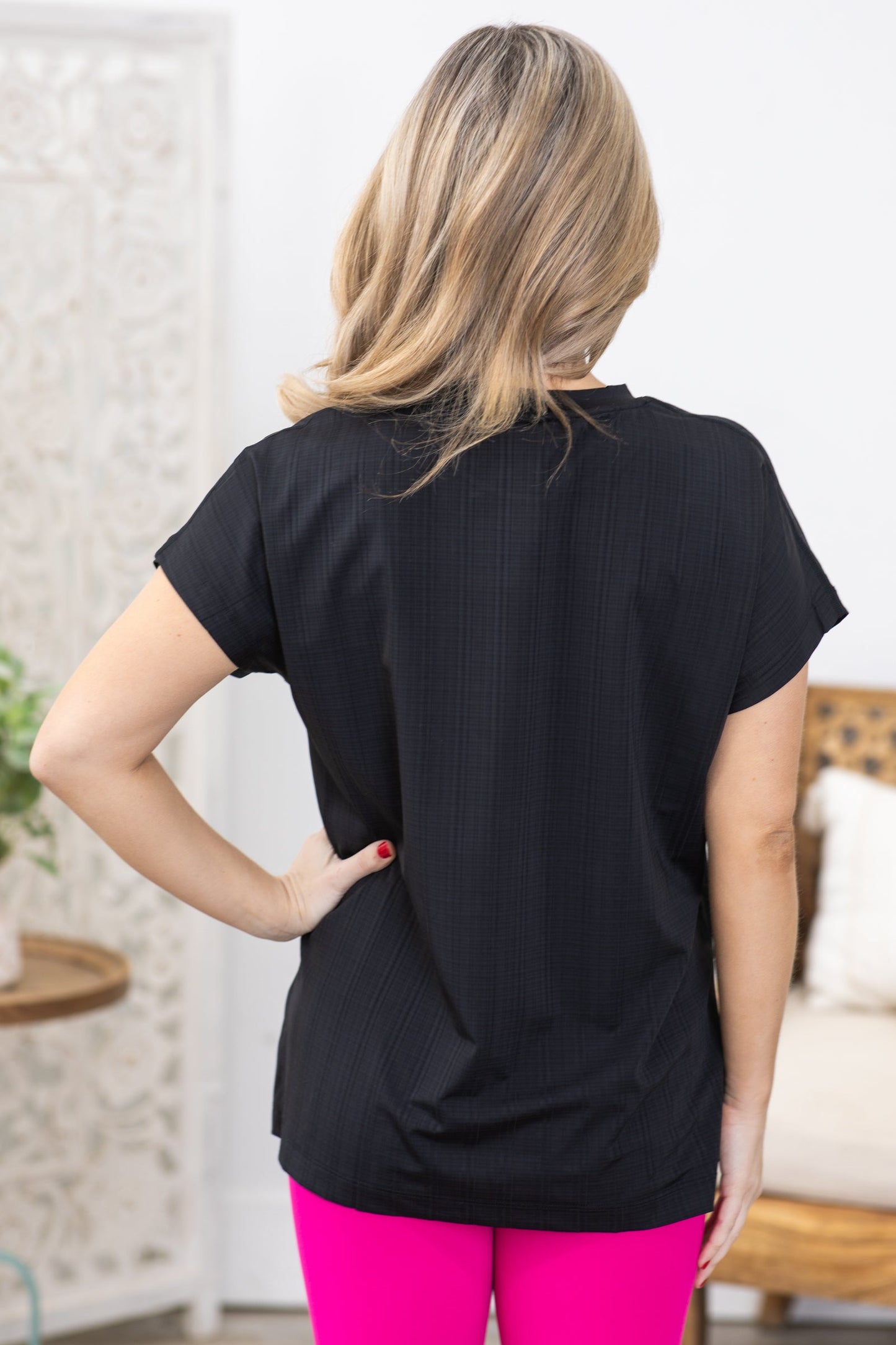 Black Gingham Short Sleeve Knit Top