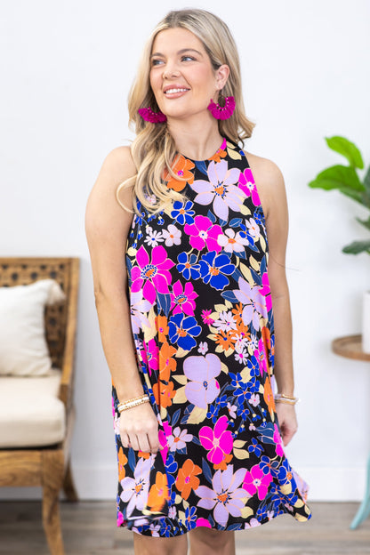 Black Multicolor Floral Flowy Sleeveless Dress