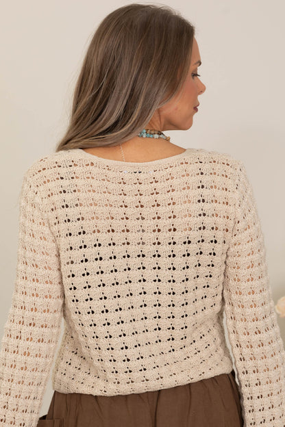 Beige Crochet Bow Tie Front Cardigan