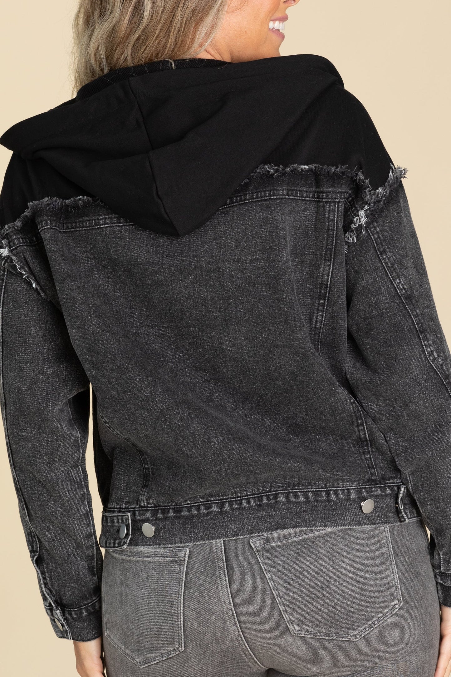 Black Denim Contrast Hoodie Jacket
