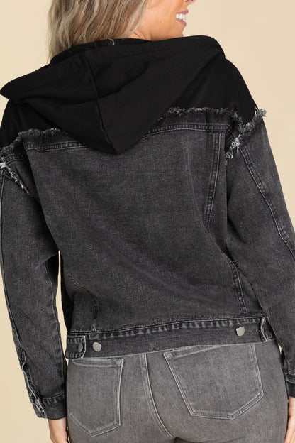 Black Denim Contrast Hoodie Jacket