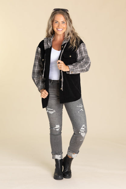 Black With Plaid Button Up Shacket