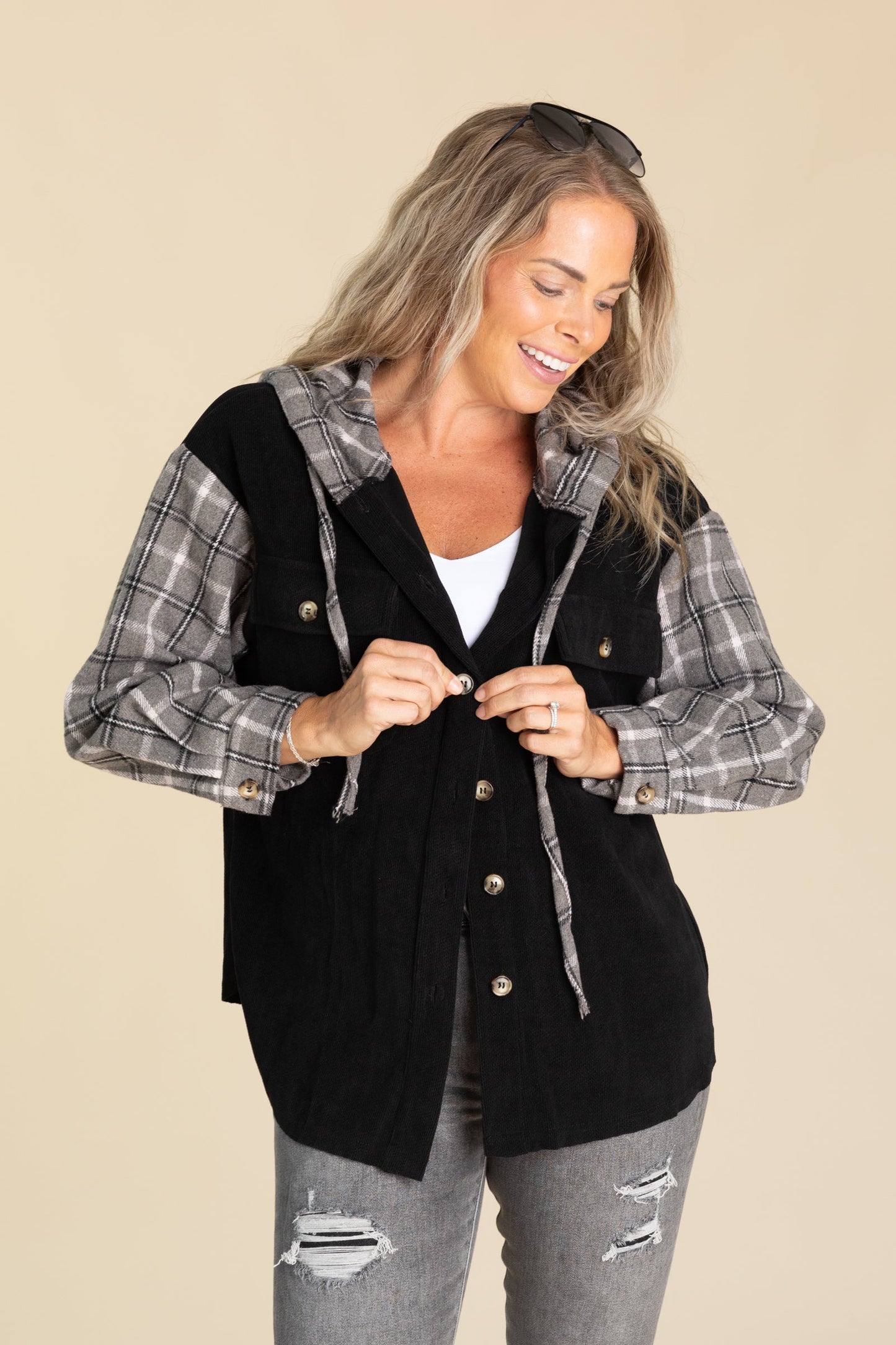 Black With Plaid Button Up Shacket