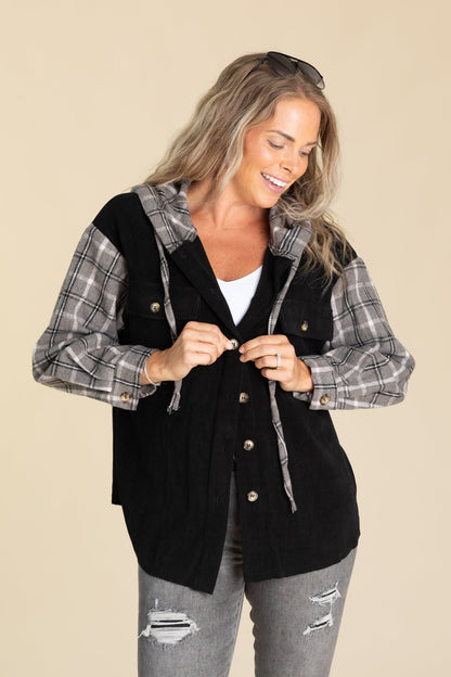 Black With Plaid Button Up Shacket