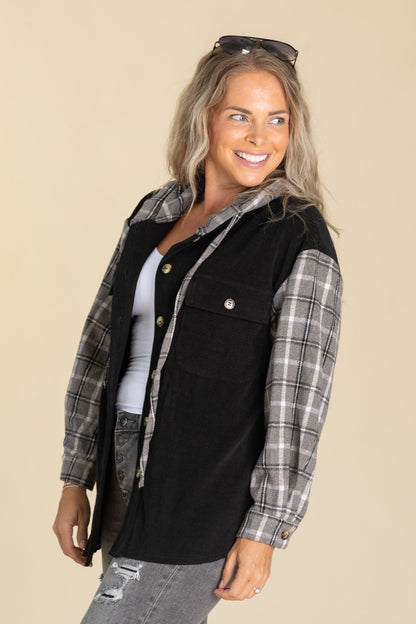 Black With Plaid Button Up Shacket