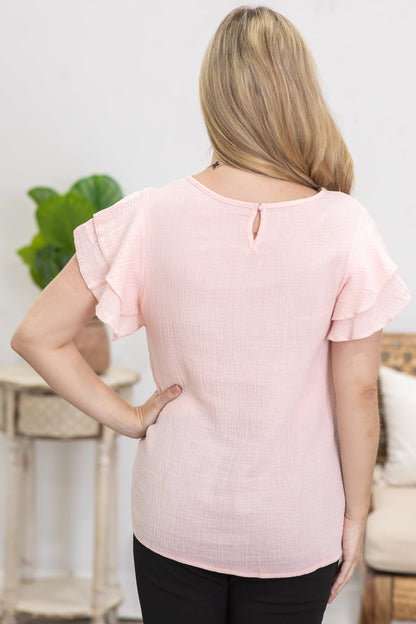 Baby Pink Textured Ruffle Sleeve Woven Top