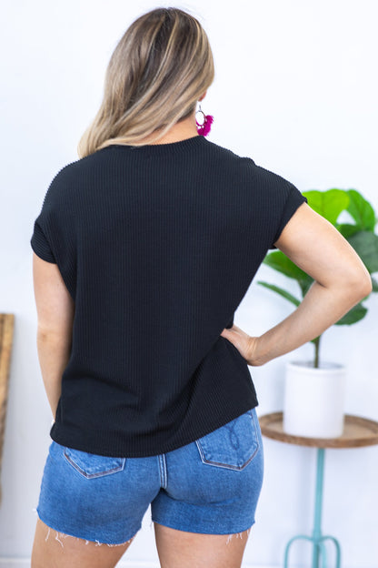 Black Solid Ribbed Top With Pocket