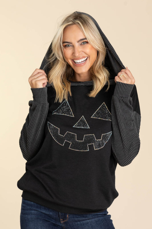 Black Halloween Rhinestone Rib Hoodie Knit Top