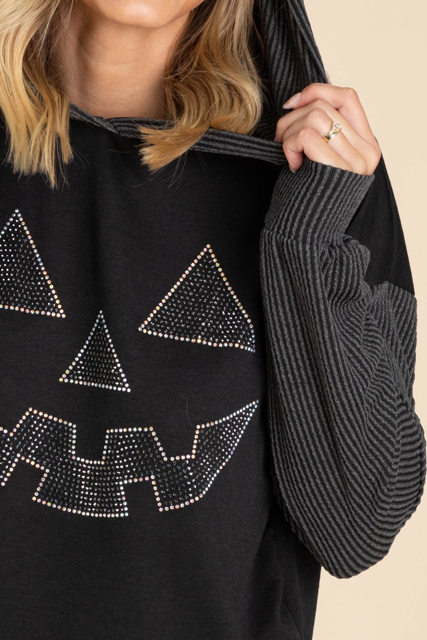 Black Halloween Rhinestone Rib Hoodie Knit Top