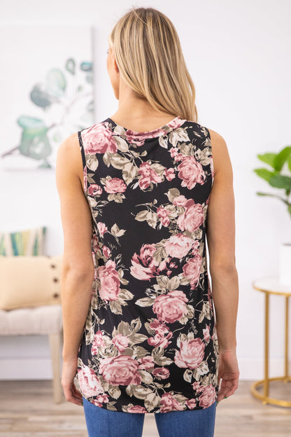Black Multicolor Floral V-Neck Tank