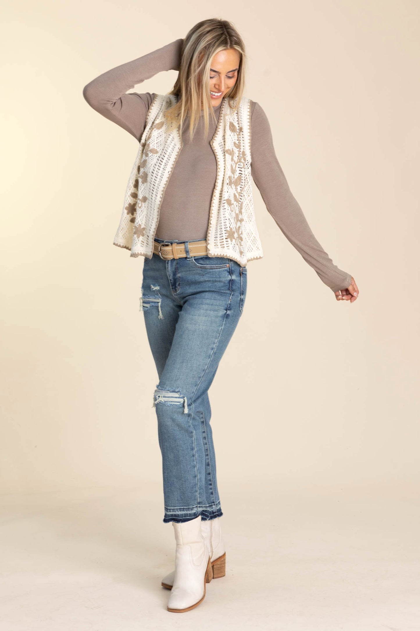 Beige Blanket Stitch Floral Crochet Vest