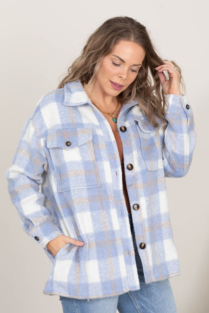 Blue Plaid Shacket With Front Chest Pockets