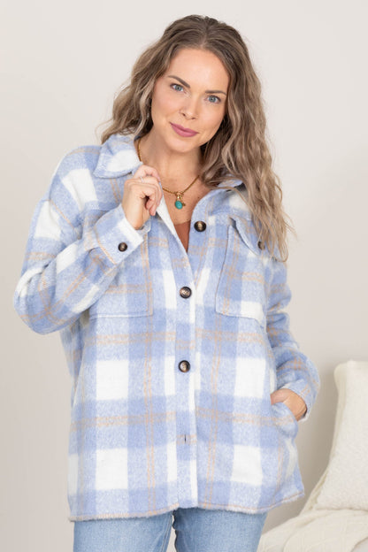 Blue Plaid Shacket With Front Chest Pockets
