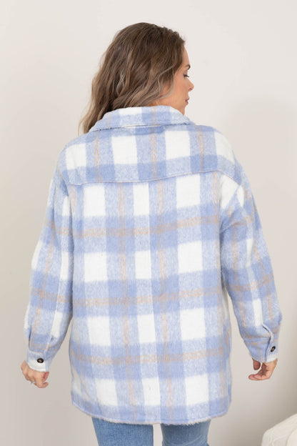 Blue Plaid Shacket With Front Chest Pockets