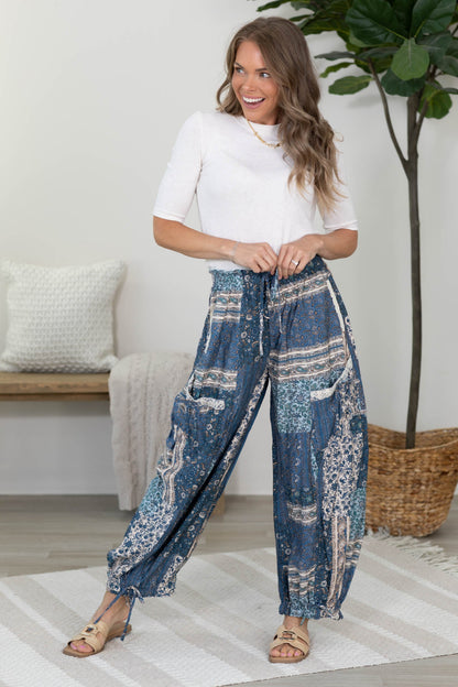 Blue Lace Patchwork Tie Detail Balloon Pants