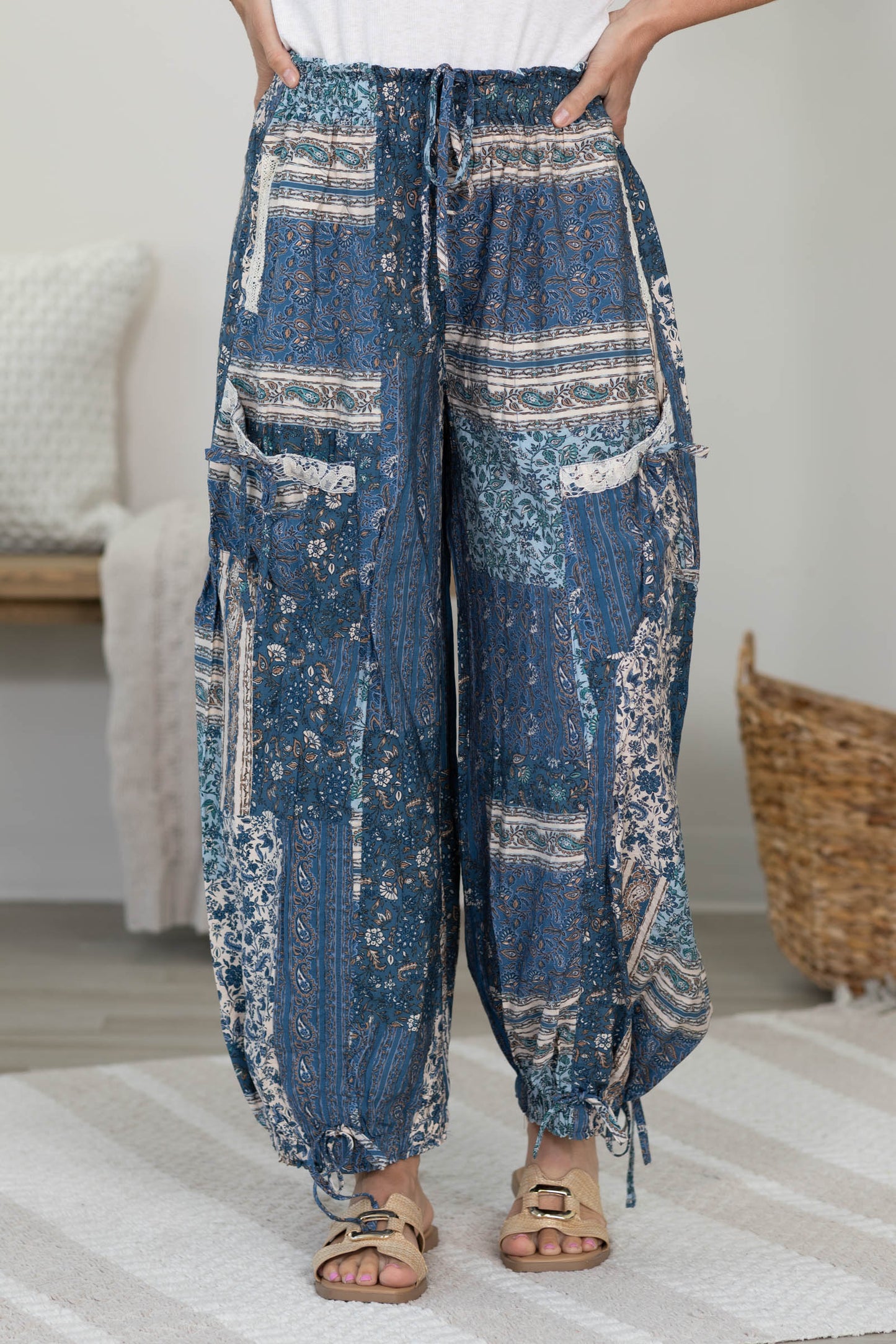 Blue Lace Patchwork Tie Detail Balloon Pants