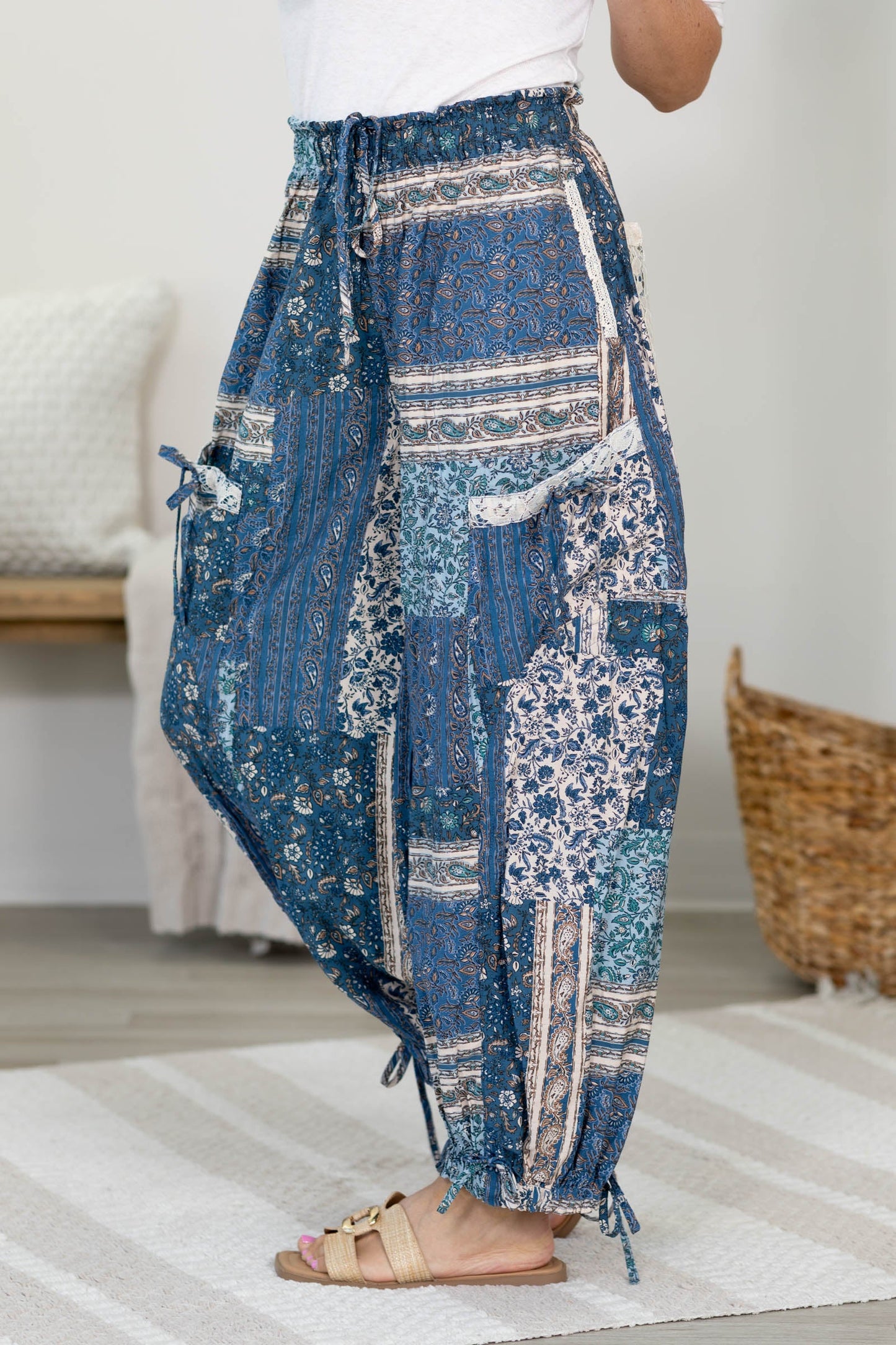 Blue Lace Patchwork Tie Detail Balloon Pants
