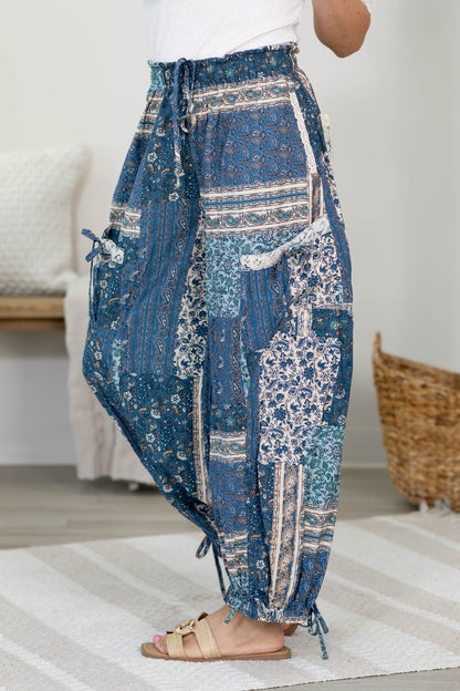 Blue Lace Patchwork Tie Detail Balloon Pants