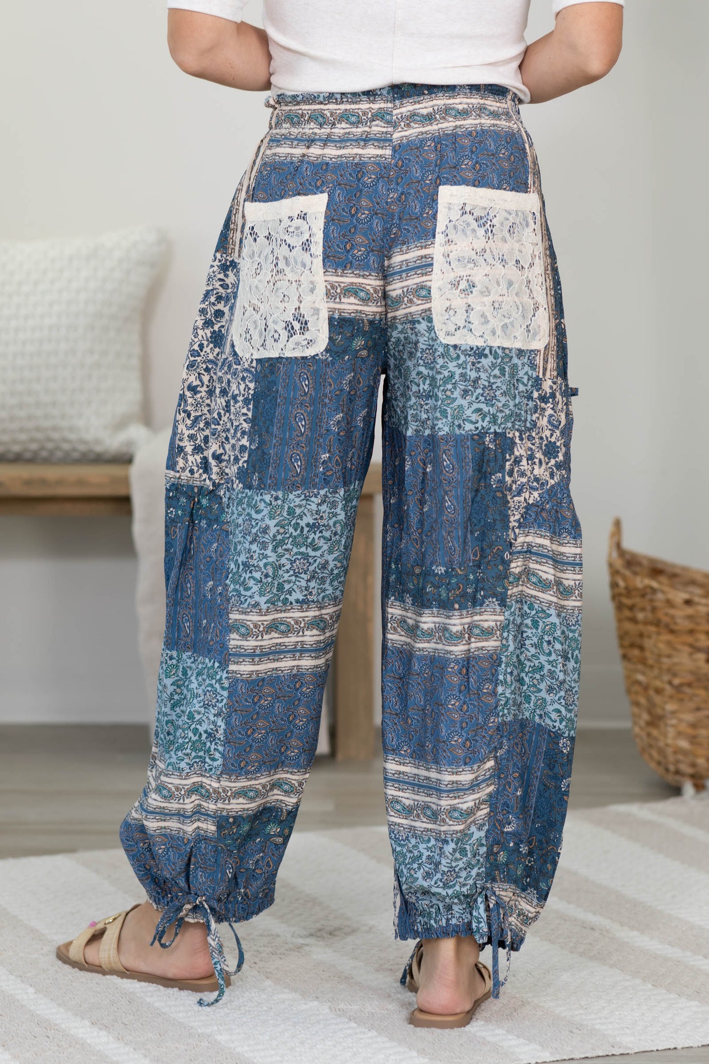 Blue Lace Patchwork Tie Detail Balloon Pants