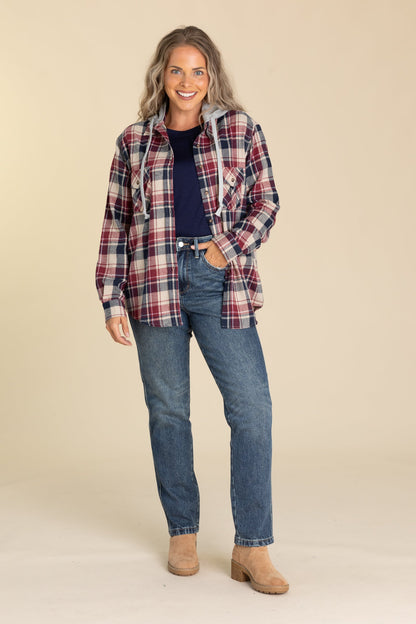 Berry And Navy Plaid Hoodie Button Up Top