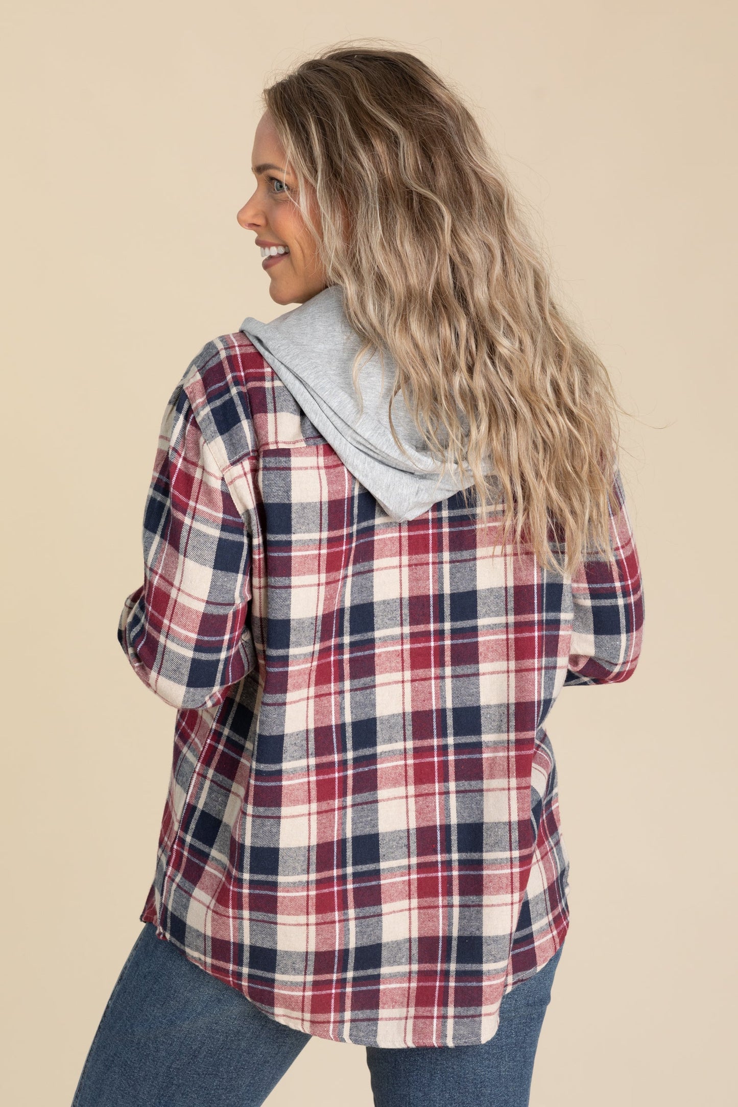 Berry And Navy Plaid Hoodie Button Up Top