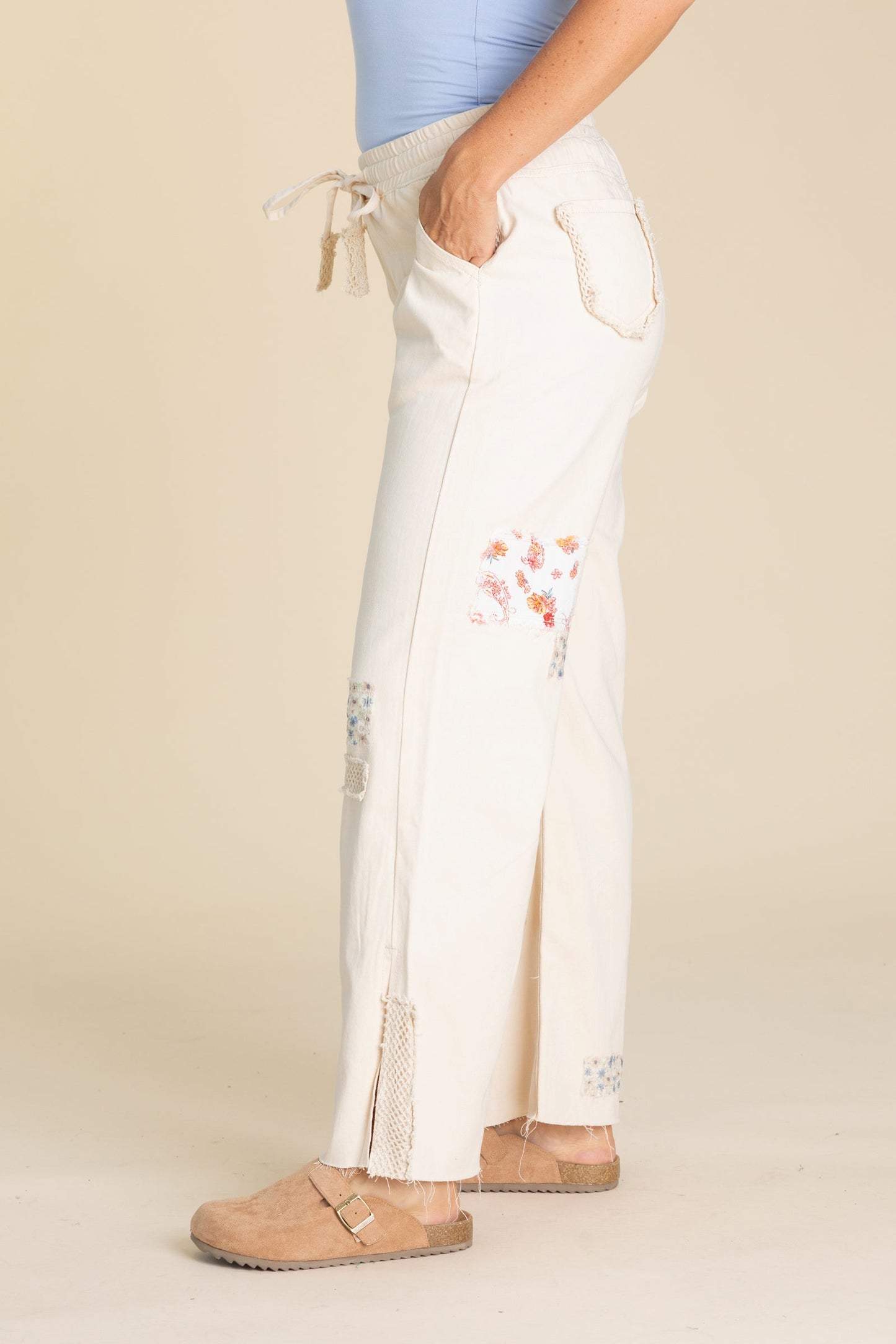 Beige Cotton Drawstring Pants With Patches