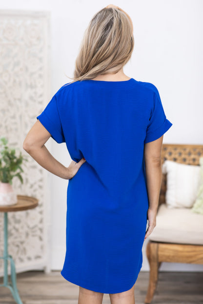 Blue Short Sleeve V-Neck Woven Dress