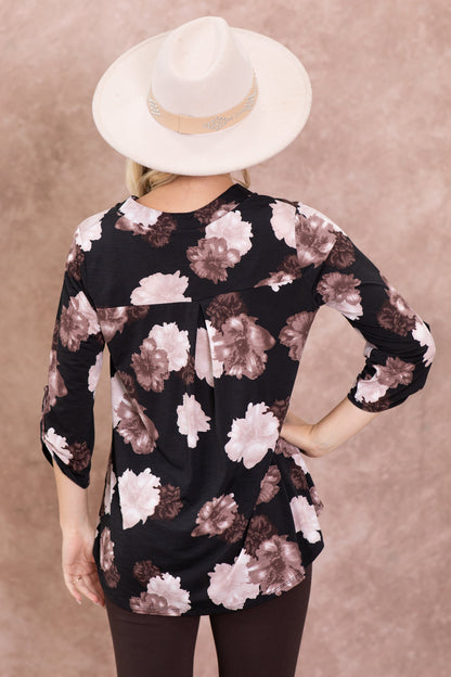 Black And Mauve Floral Wrinkle Free Lizzy Top