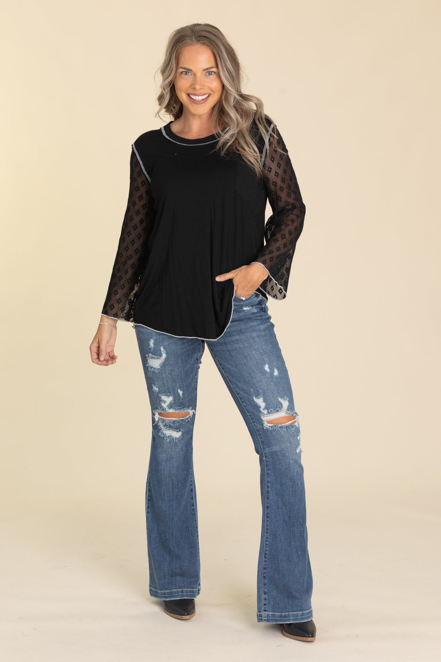 Black Knit Top With Lace Long Sleeves