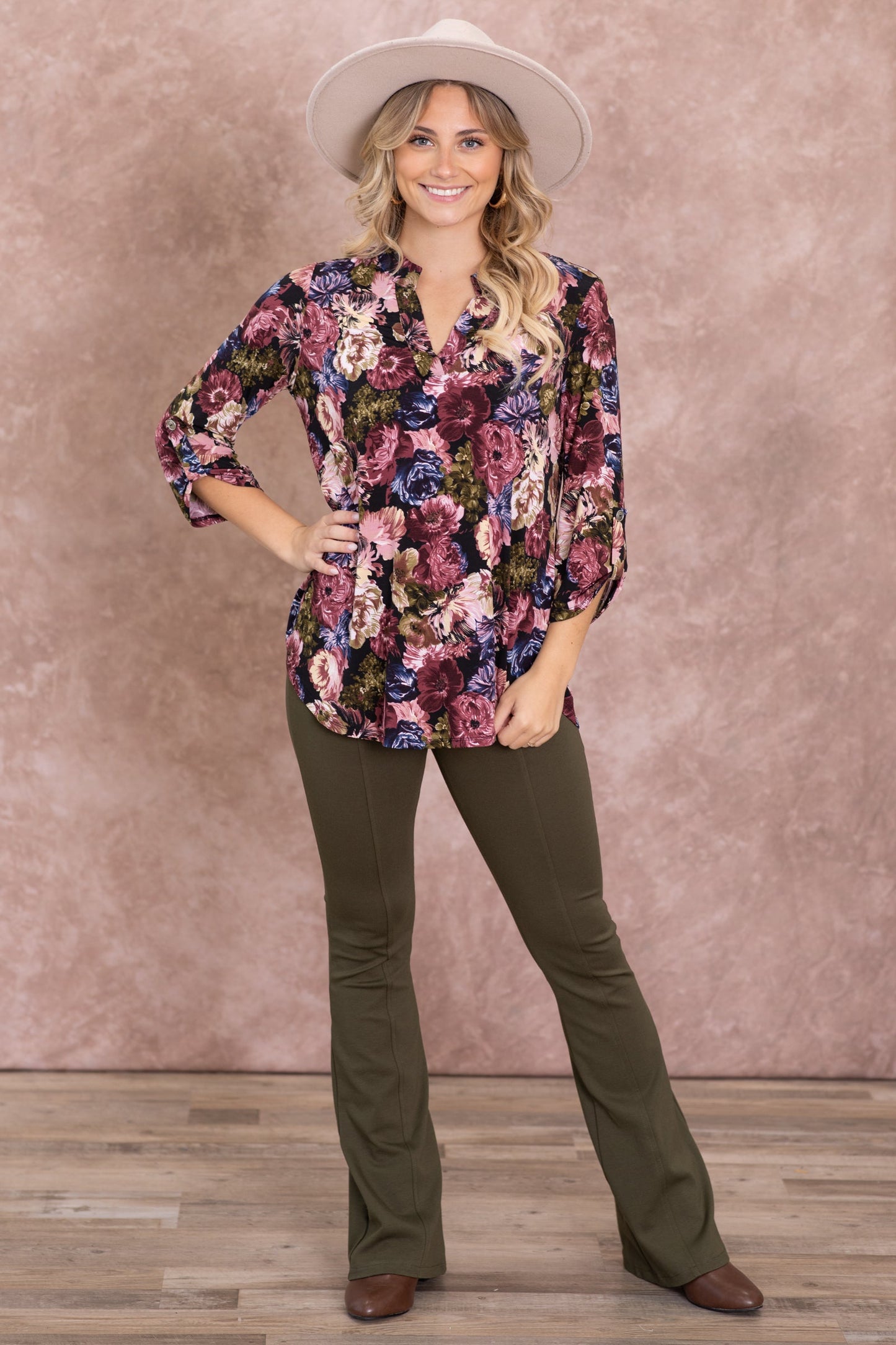 Black And Olive Floral Wrinkle Free Lizzy Top