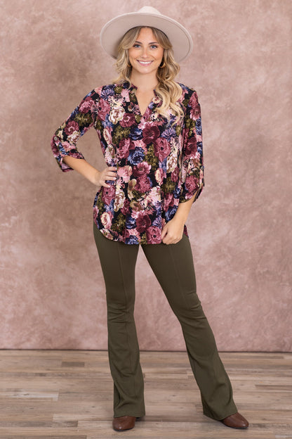 Black And Olive Floral Wrinkle Free Lizzy Top