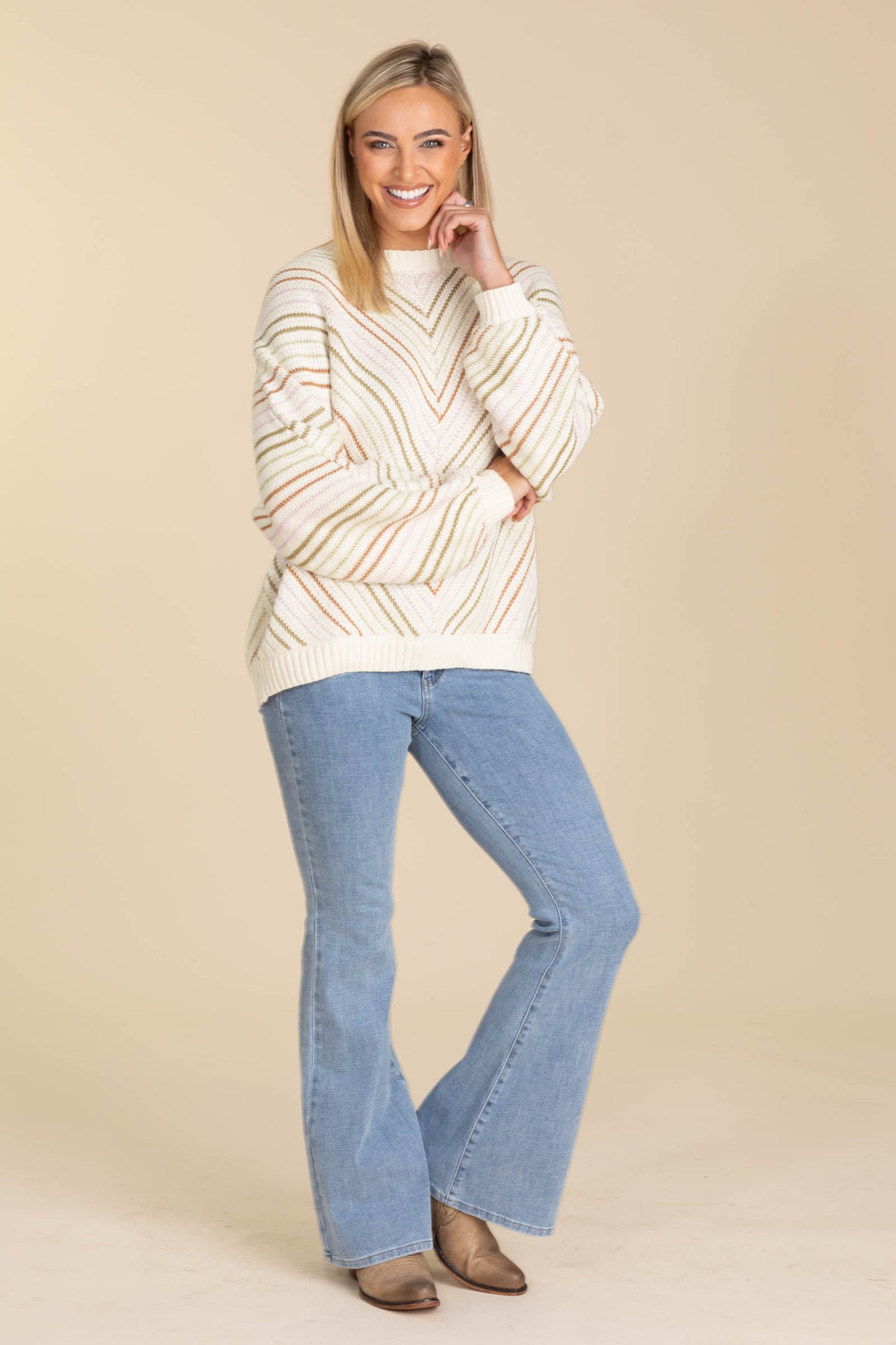Beige Diagonal Multicolor Stripe Sweater Top