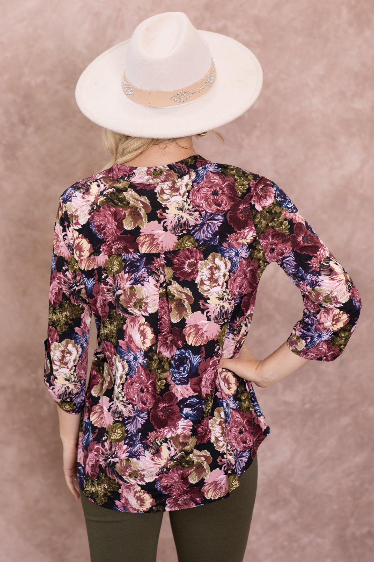 Black And Olive Floral Wrinkle Free Lizzy Top