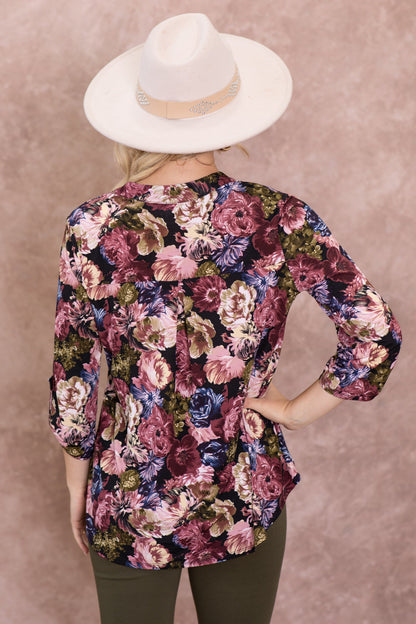 Black And Olive Floral Wrinkle Free Lizzy Top