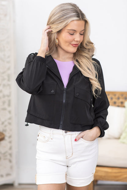 Black Hooded Jacket With Drawstring
