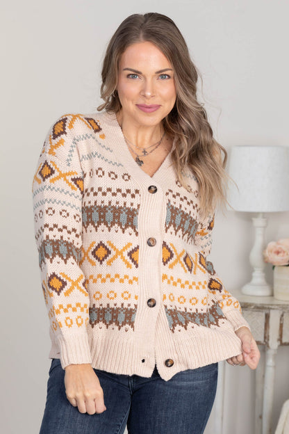 Beige Western Sweater Button V-Neck Cardigan