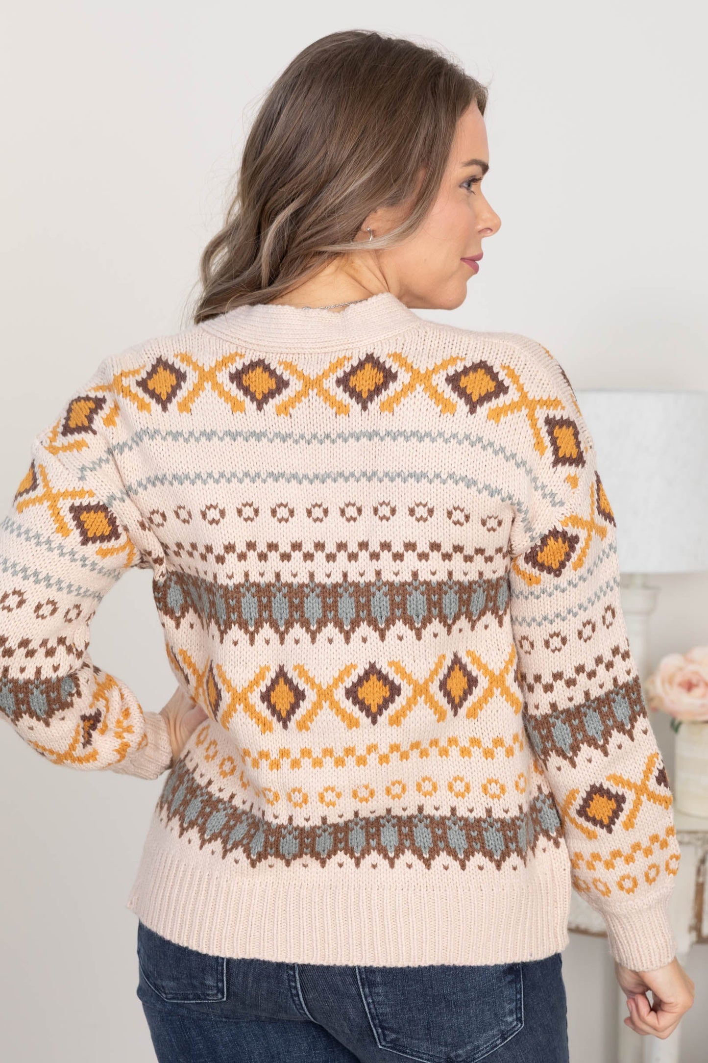 Beige Western Sweater Button V-Neck Cardigan
