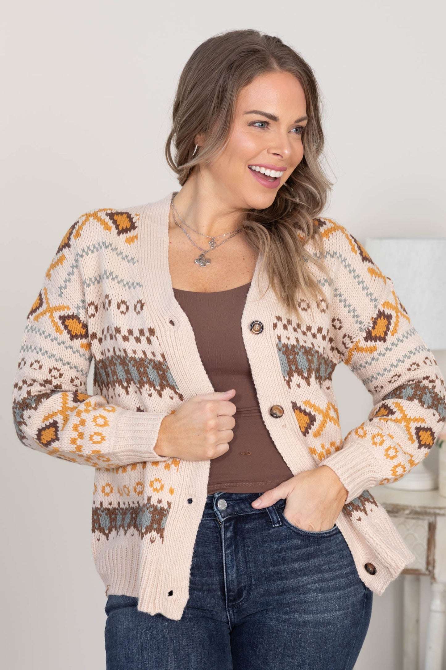 Beige Western Sweater Button V-Neck Cardigan
