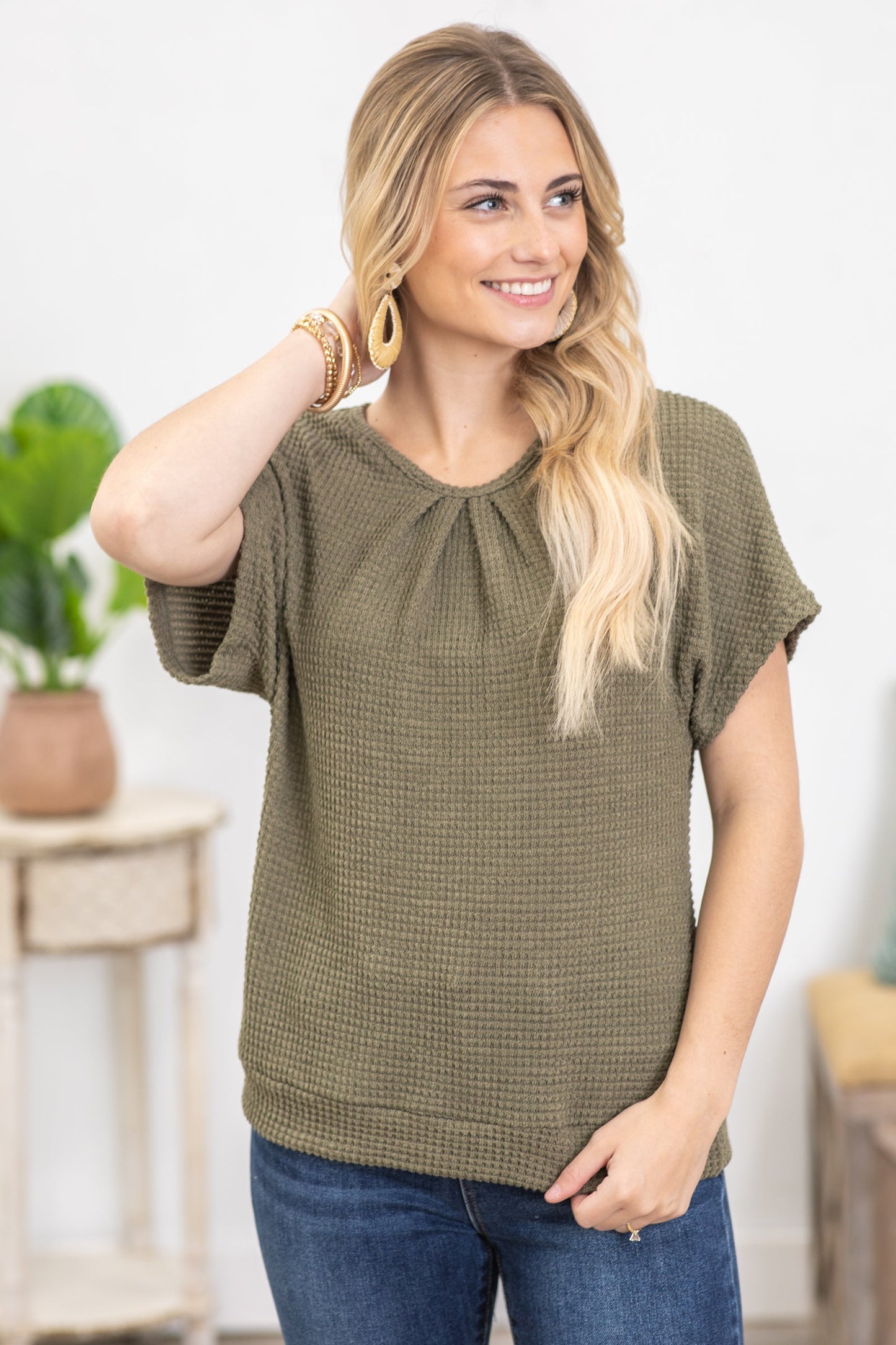Army Green Crochet Back Waffle Knit Top