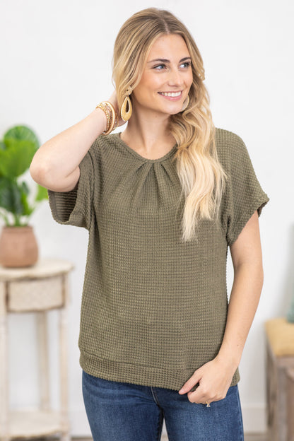 Army Green Crochet Back Waffle Knit Top