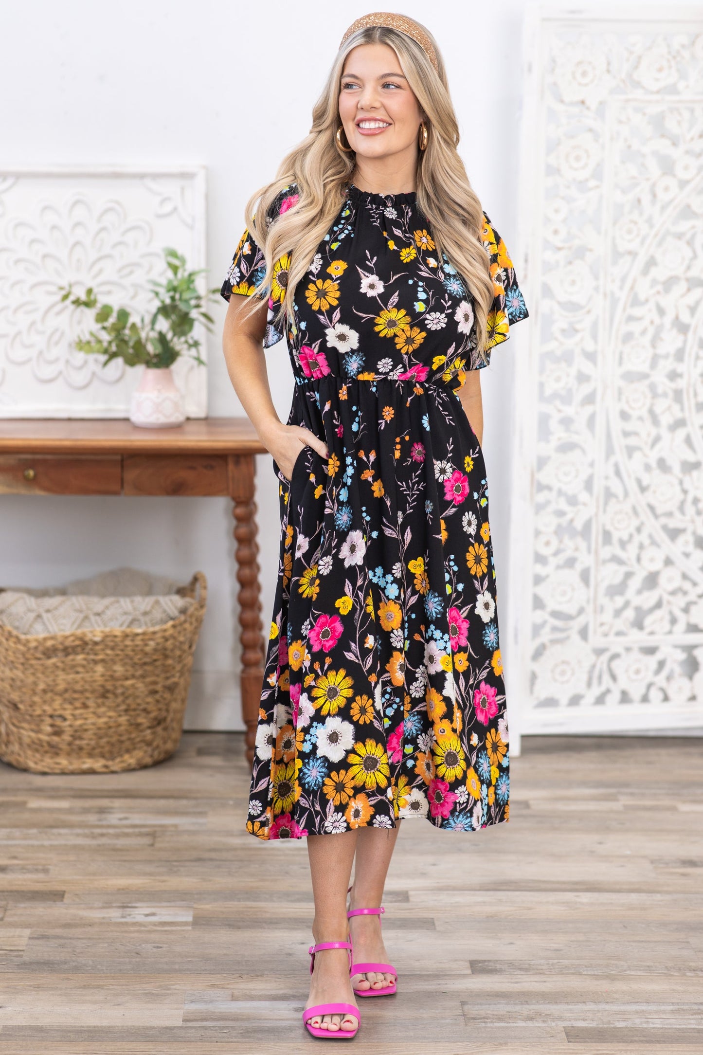 Black Floral Frilled Mock Neck Midi Dress
