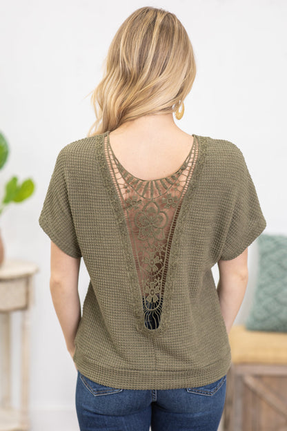 Army Green Crochet Back Waffle Knit Top