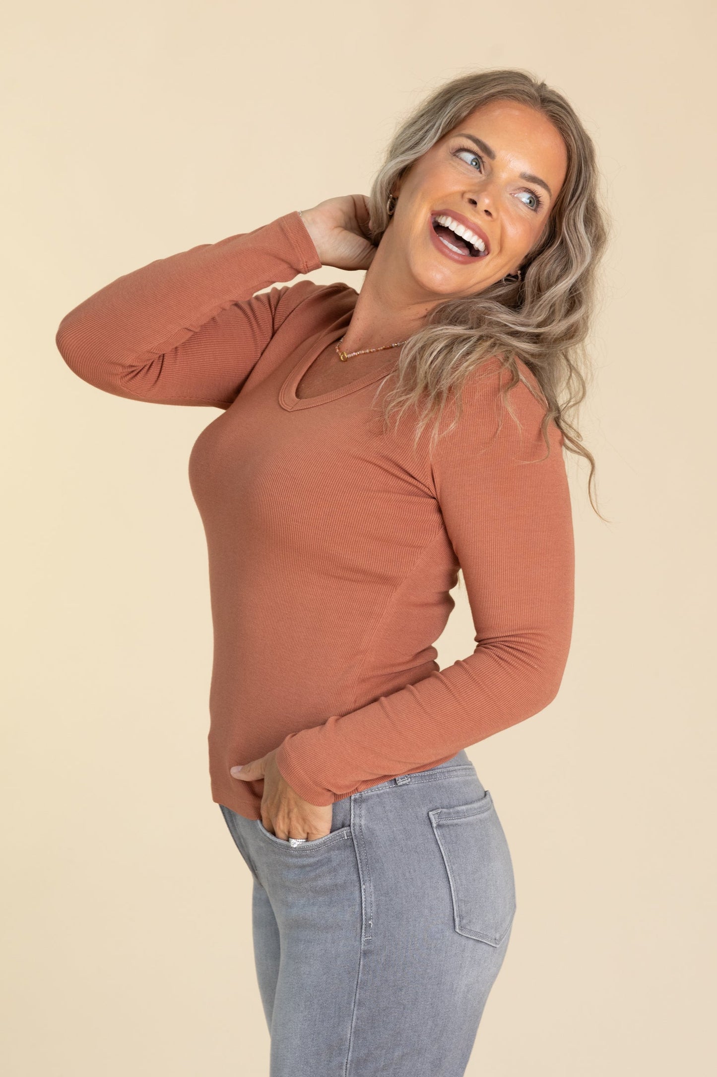 Basic Solid V-Neck Baby Ribbed Knit Tops